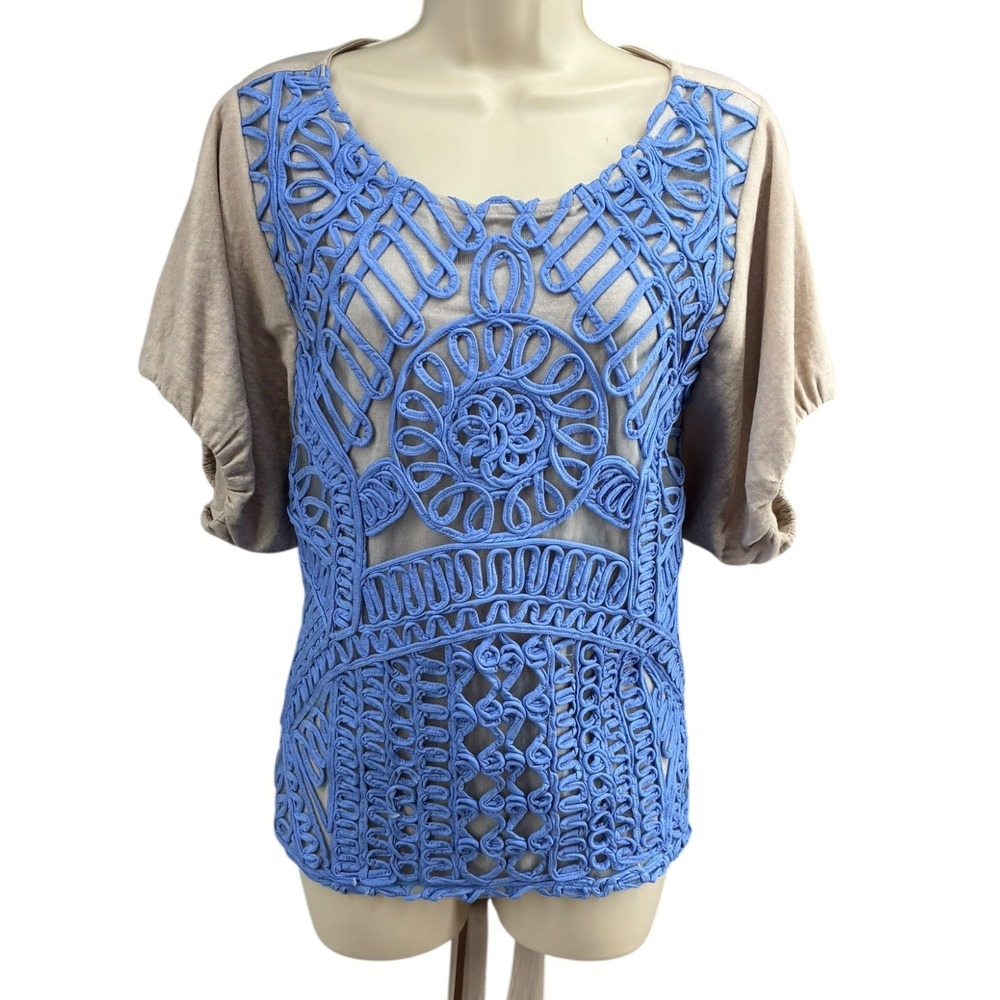 Eva Franco Anthropologie Taupe Blue Soutache Embellished Tie Back Top Size 6 NWT